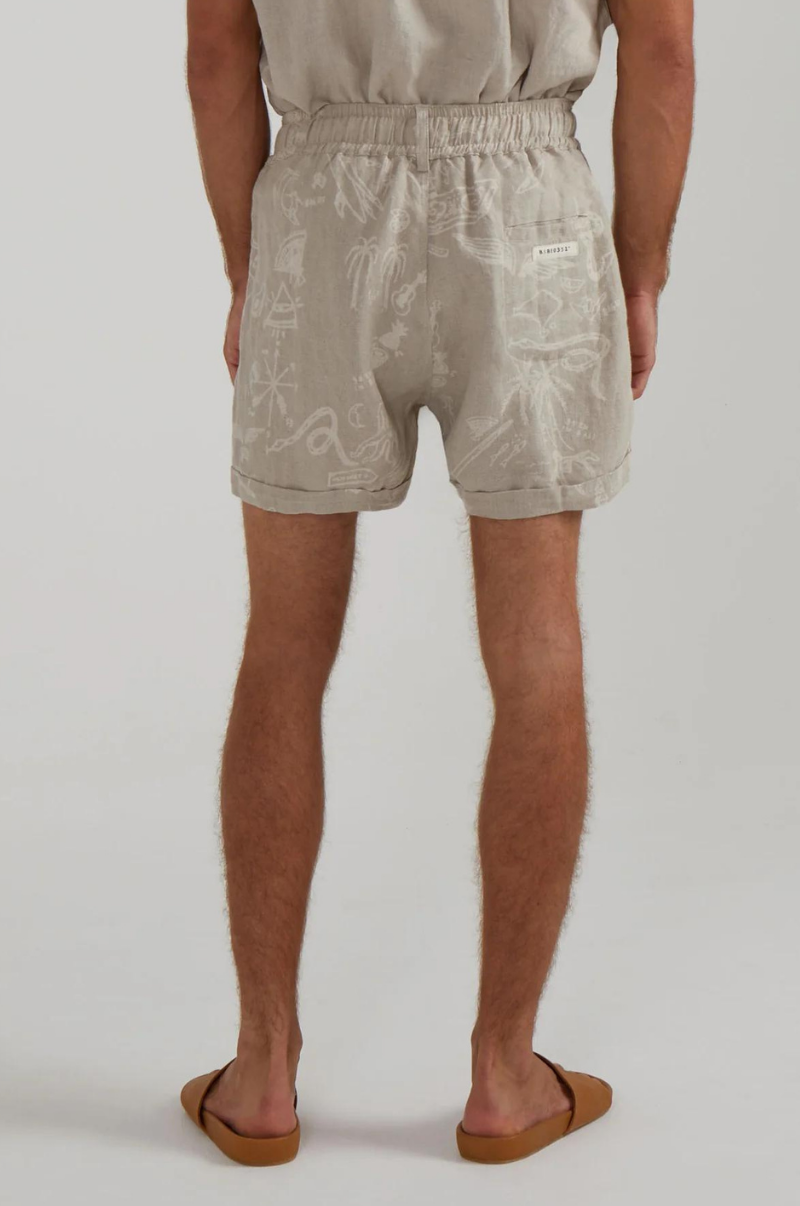 CUFFED LOUNGE LINEN SHORTS IN OAK TATTOO PRINT