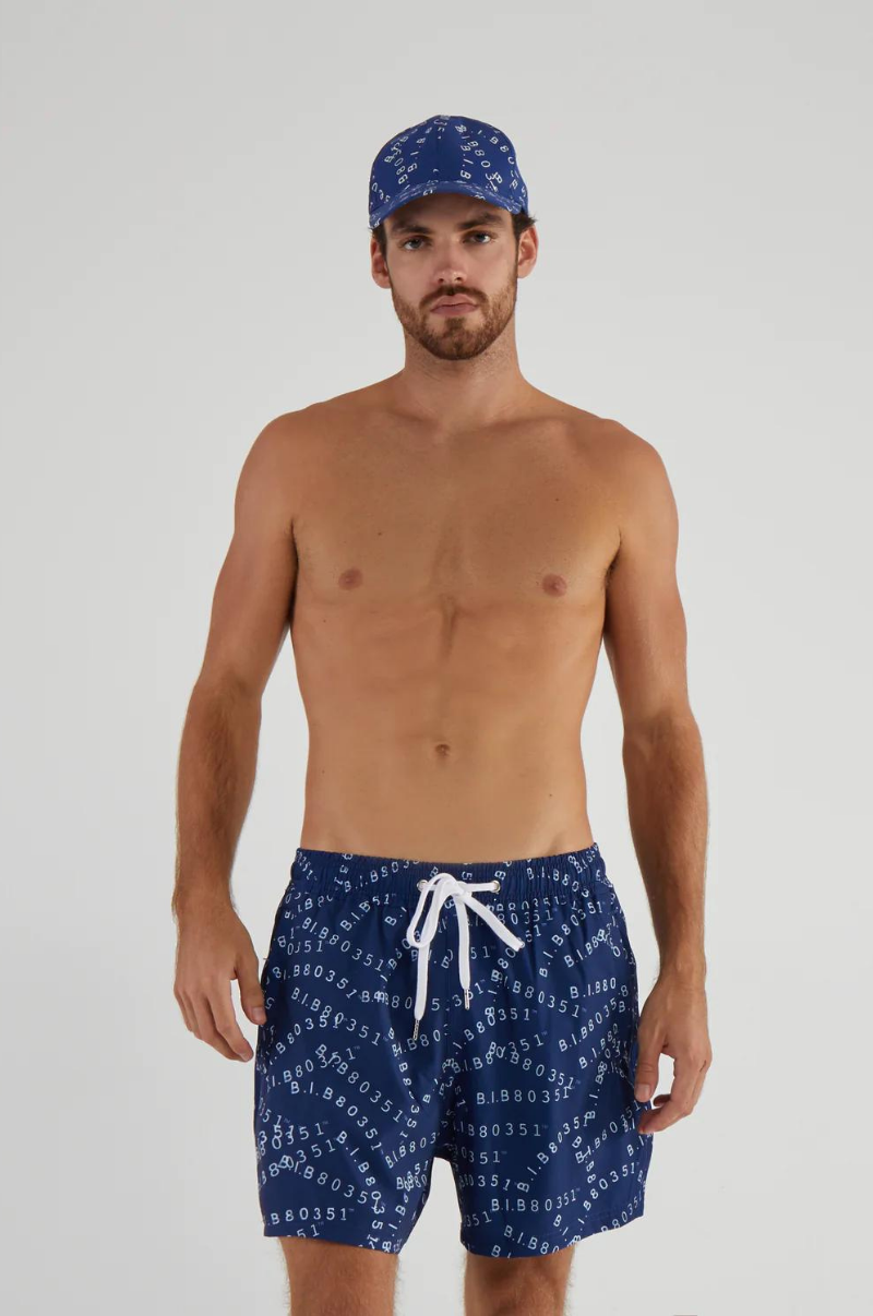 RECYCLED SWIM SHORTS IN NAVY BIB-80351 PRINT