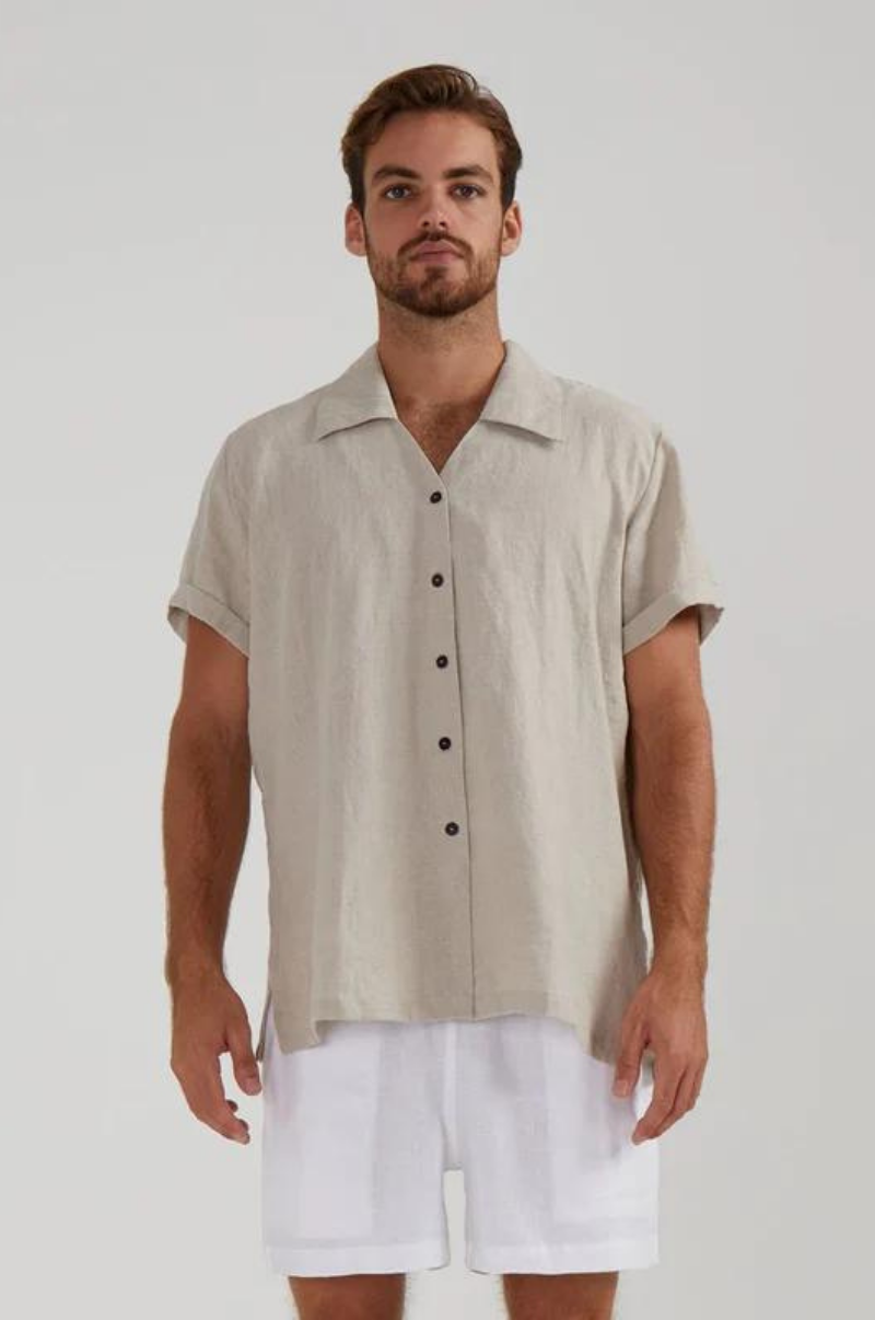 DIMANA DISCO SHORT-SLEEVE LINEN SHIRT IN OAK