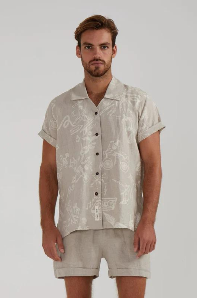 DIMANA DISCO SHORT-SLEEVE LINEN SHIRT IN OAK TATTOO PRINT