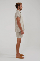 DIMANA DISCO SHORT-SLEEVE LINEN SHIRT IN OAK TATTOO PRINT