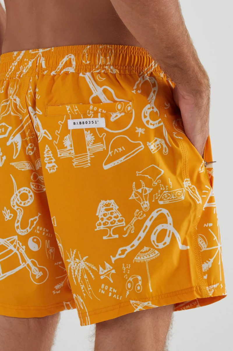 RECYCLED SWIM SHORTS IN MANGO TATTOO PRINT