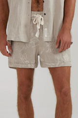 CUFFED LOUNGE LINEN SHORTS IN OAK TATTOO PRINT