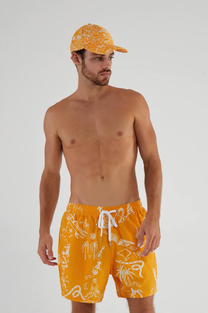 RECYCLED SWIM SHORTS IN MANGO TATTOO PRINT