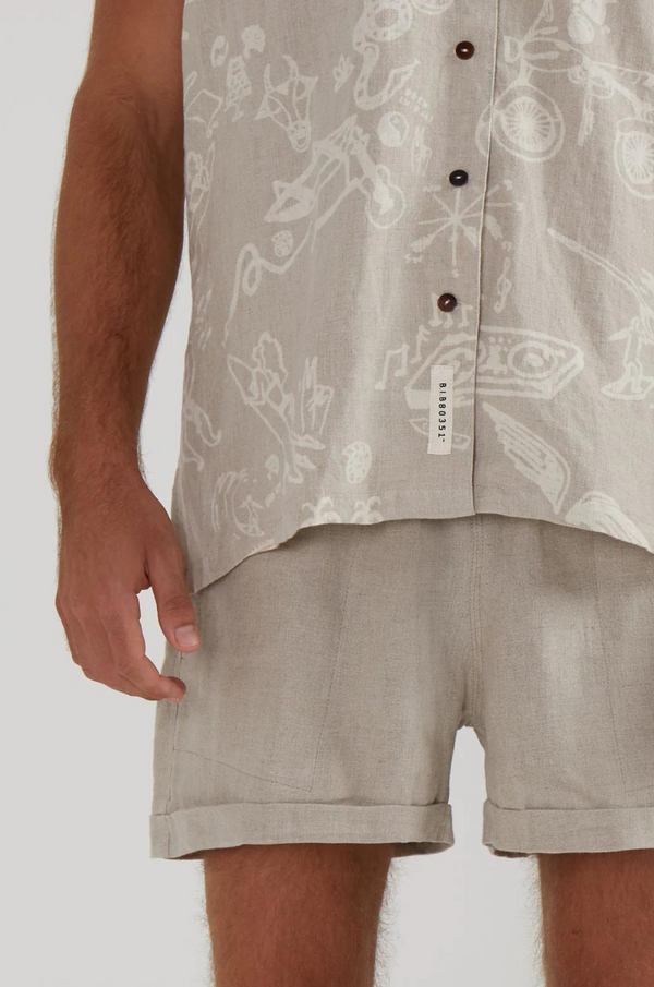 DIMANA DISCO SHORT-SLEEVE LINEN SHIRT IN OAK TATTOO PRINT