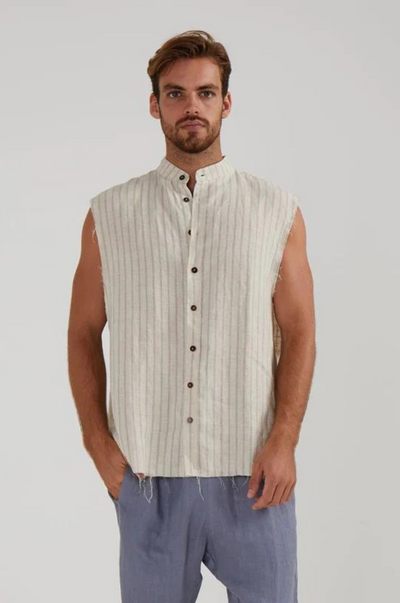 GUNS SLEEVELESS LINEN SHIRT IN OAK STRIPE