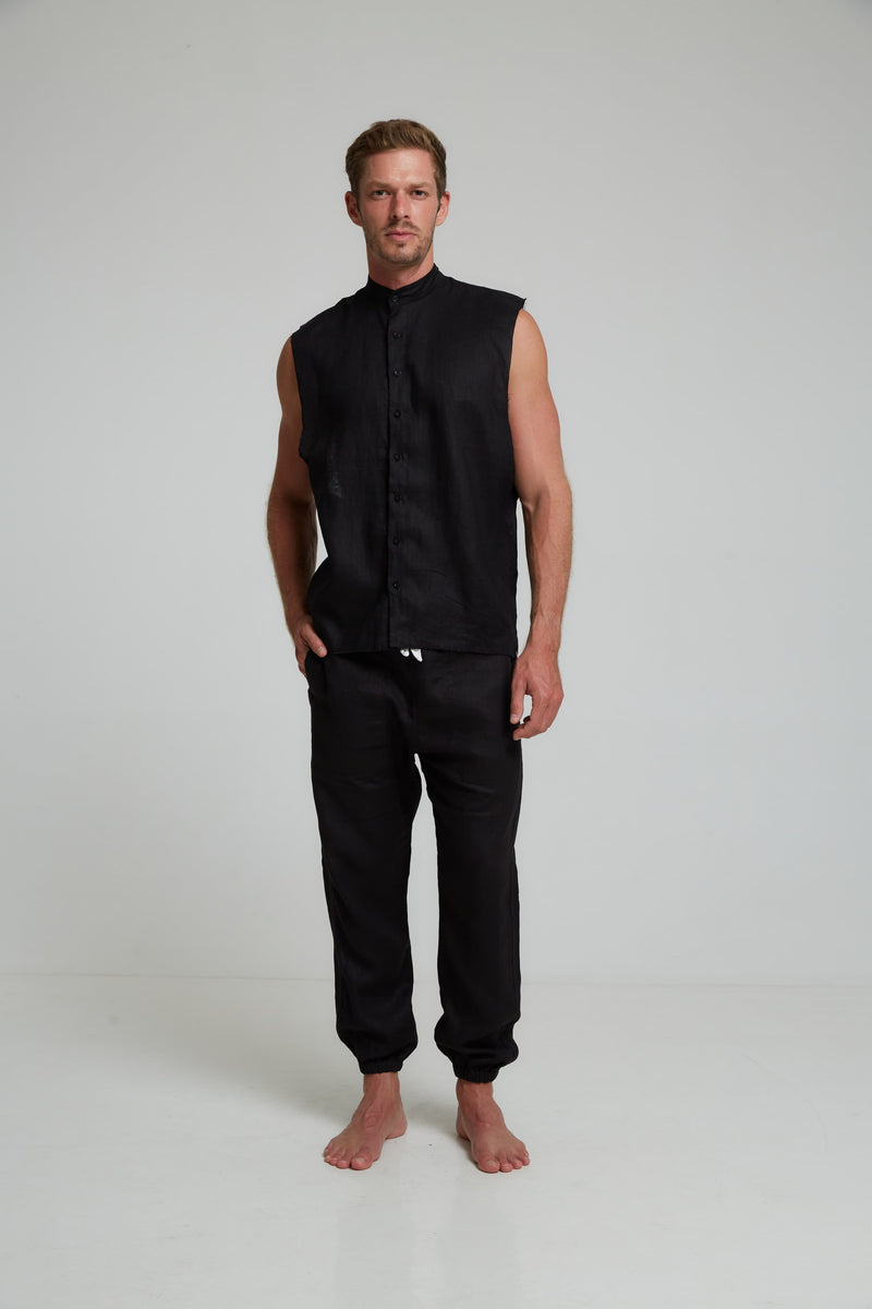 GUNS SLEEVELESS LINEN SHIRT IN BLACK