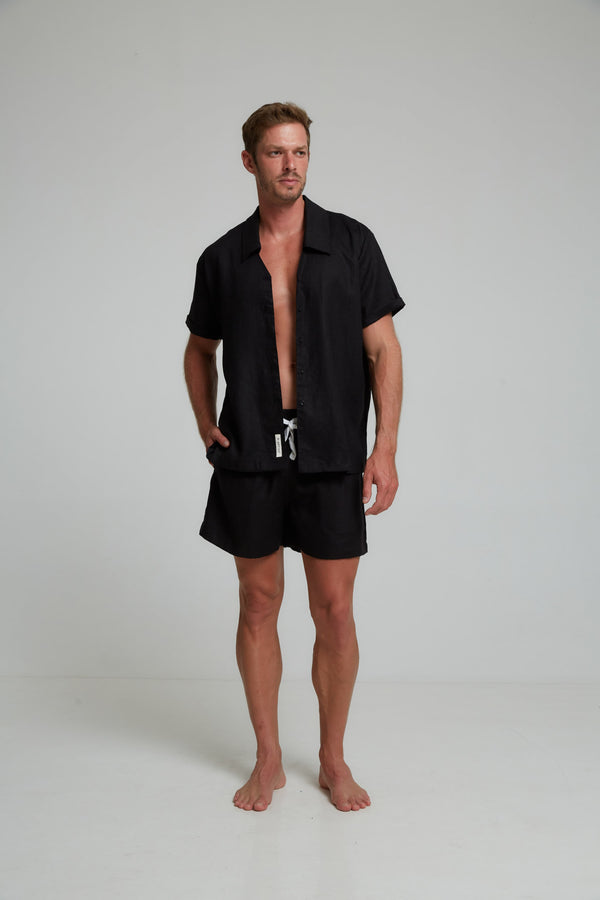 DIMANA DISCO SHORT-SLEEVE LINEN SHIRT IN BLACK