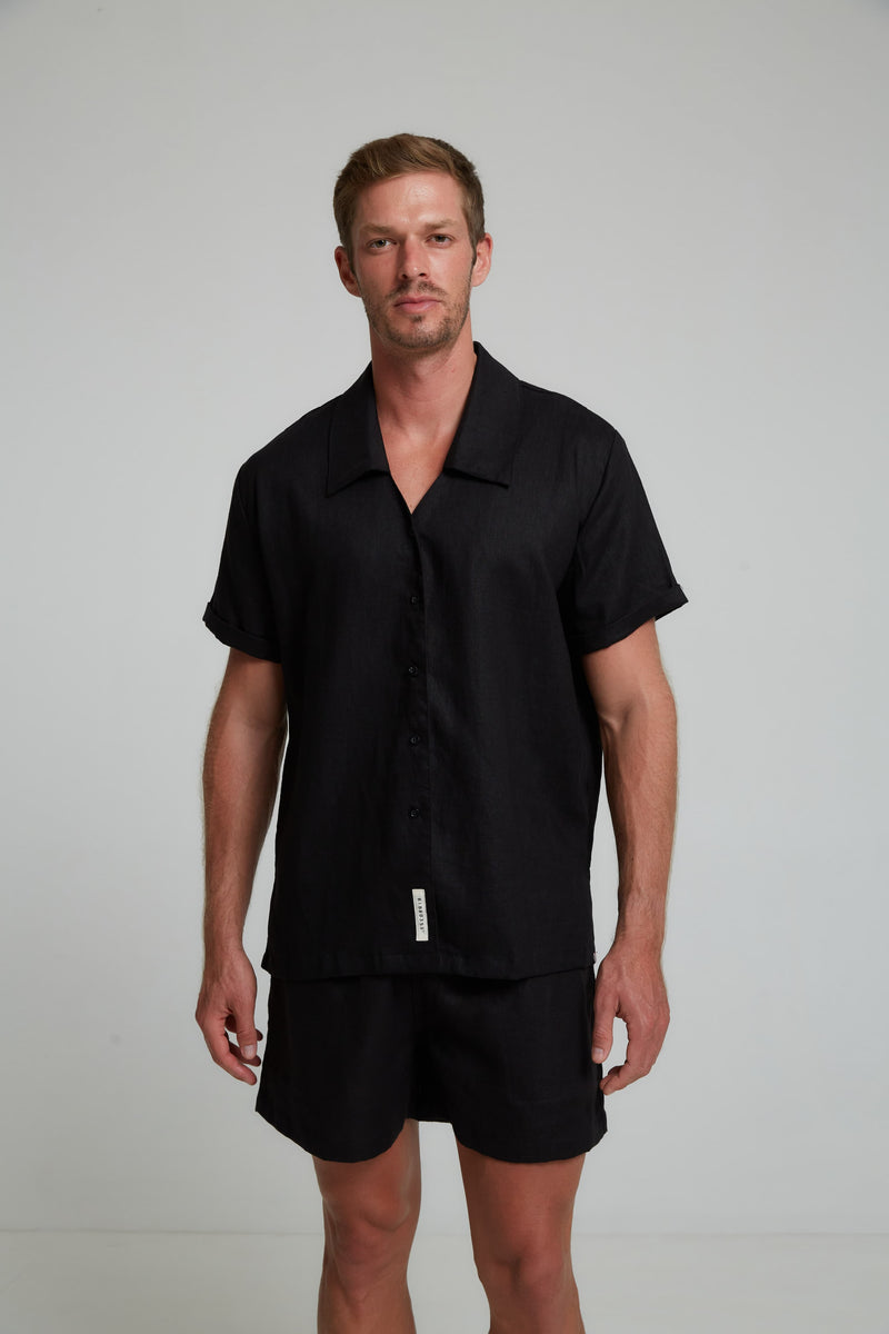 DIMANA DISCO SHORT-SLEEVE LINEN SHIRT IN BLACK