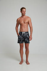 RECYCLED SWIM SHORTS IN BLACK TATTOO PRINT