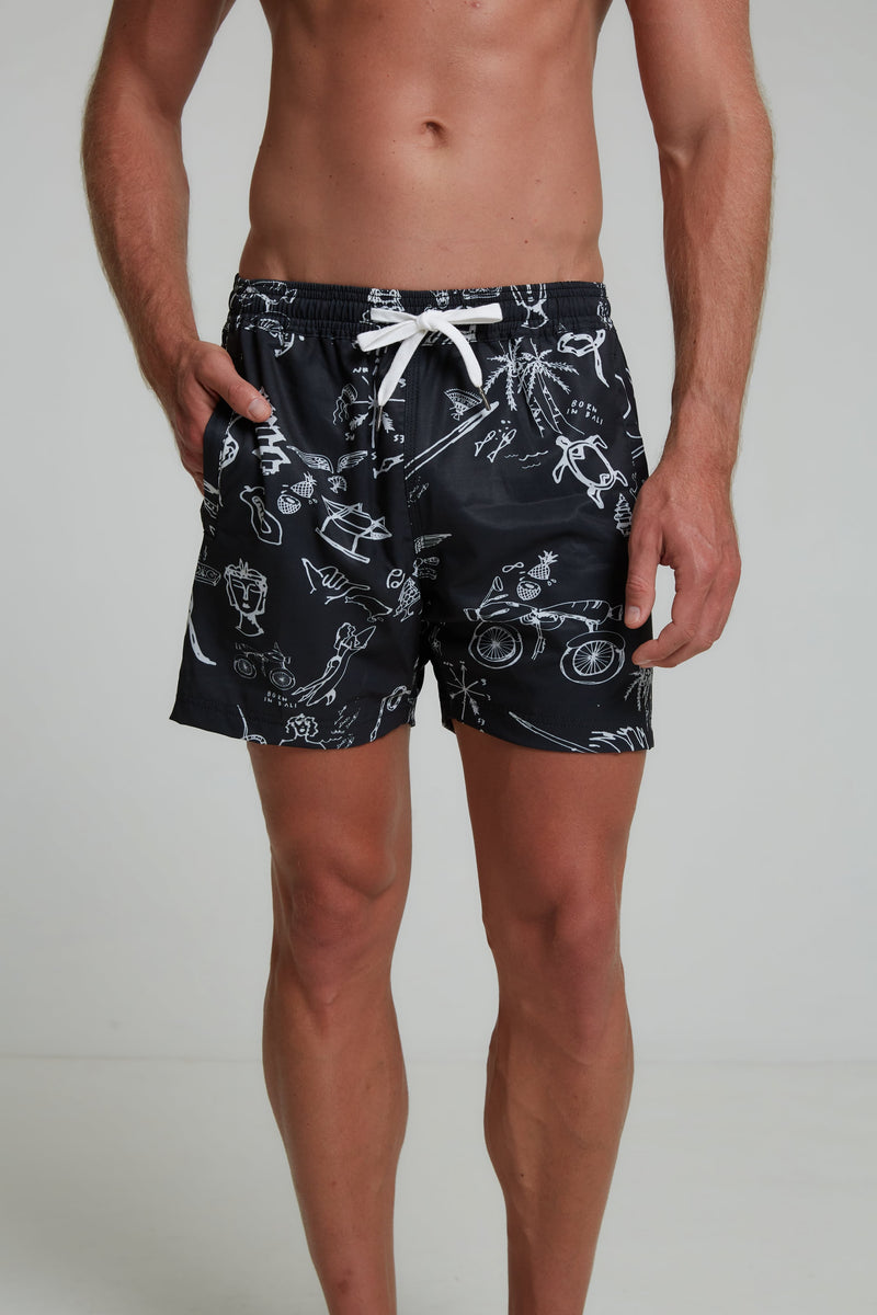 RECYCLED SWIM SHORTS IN BLACK TATTOO PRINT