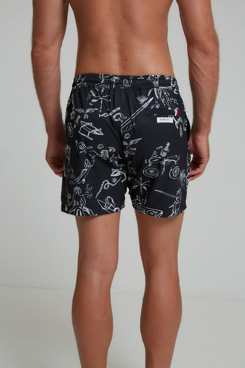 RECYCLED SWIM SHORTS IN BLACK TATTOO PRINT