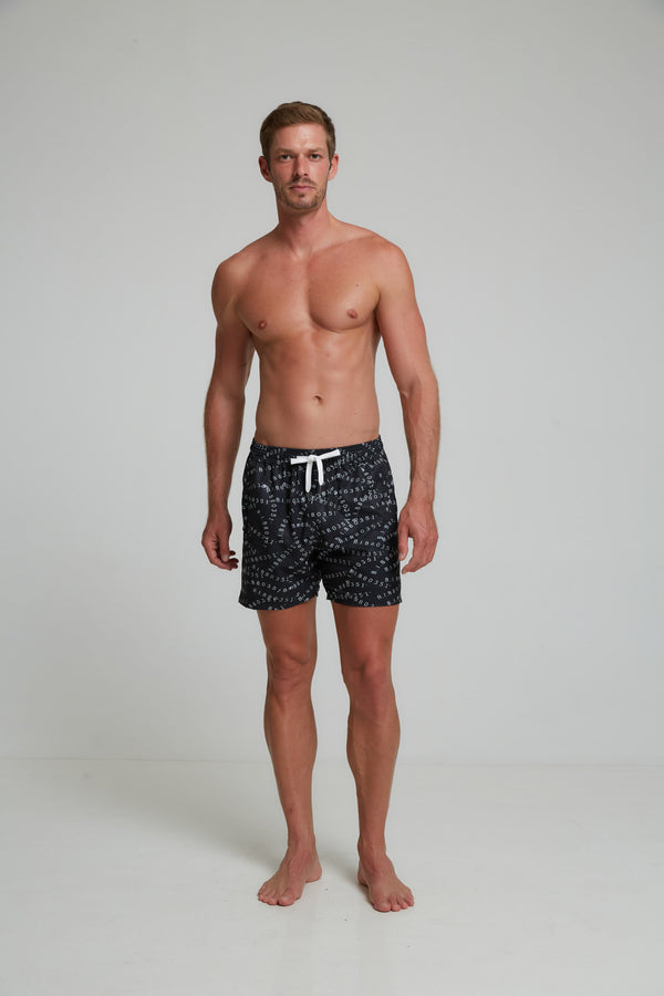 RECYCLED SWIM SHORTS IN BLACK BIB-80351 PRINT