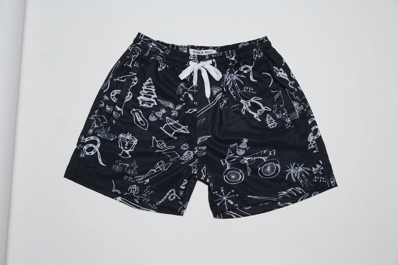 RECYCLED SWIM SHORTS IN BLACK TATTOO PRINT