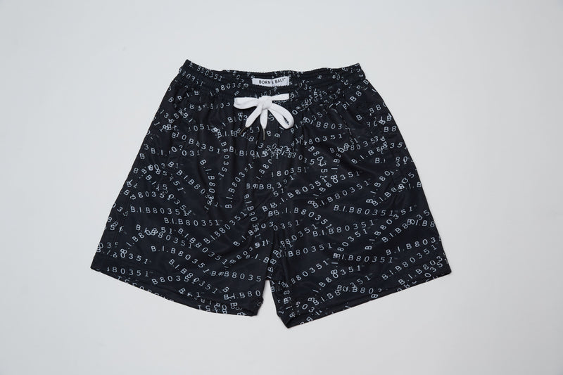 RECYCLED SWIM SHORTS IN BLACK BIB-80351 PRINT