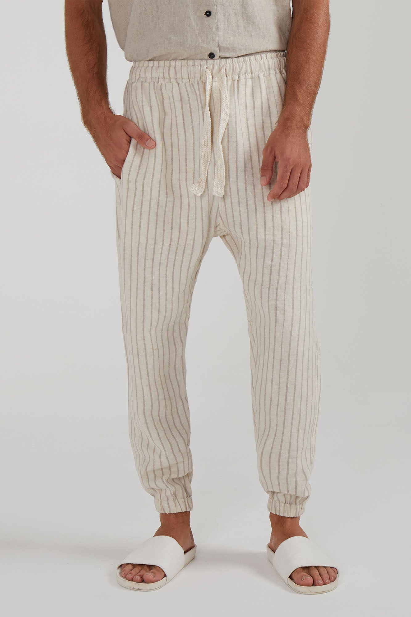 SOCIETY LOUNGE LINEN LONG PANTS IN OAK STRIPE